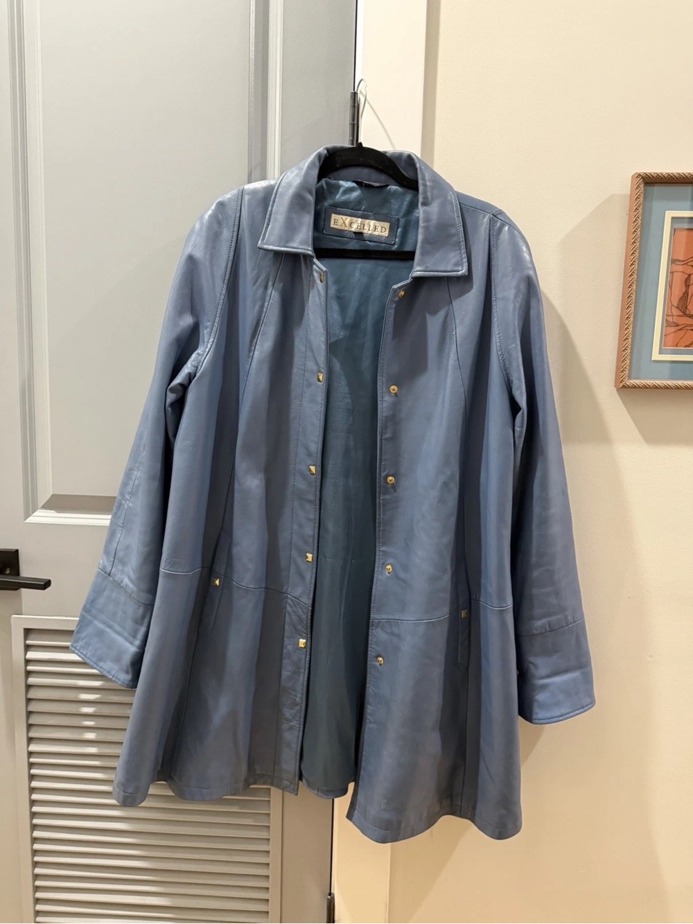 Women's Blue genuine Leather Coat jacket trench